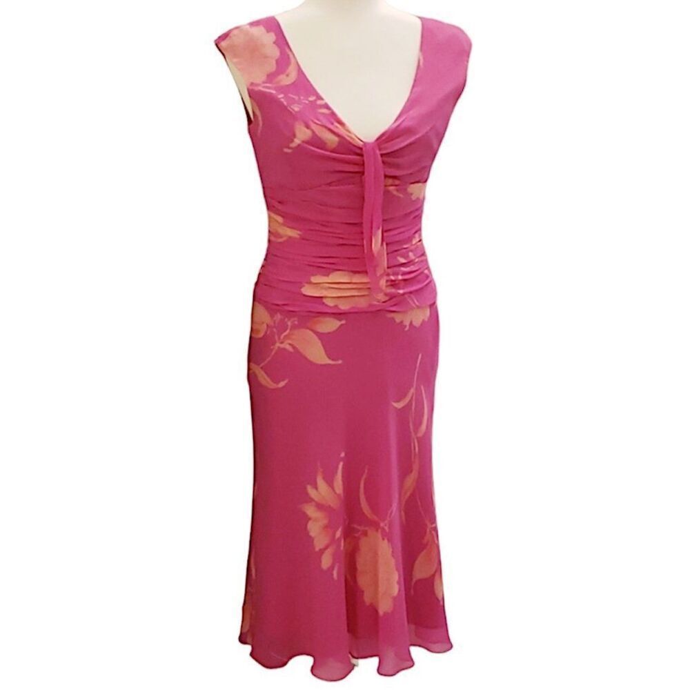 Jones New York Women's Cinched Waist V Neck Silk Dress Sleeveless Pink Size 8